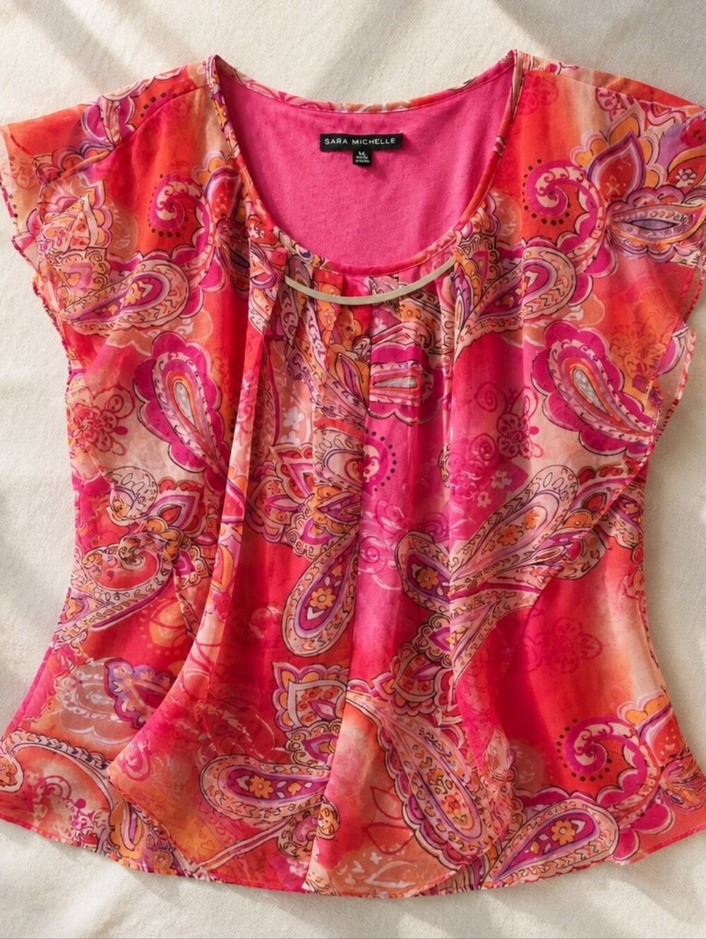 Sara Michelle Pink & Orange Paisley Flutter-Sleeve Blouse